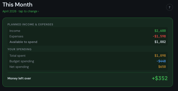 Ridgeline Budget dashboard with manually entered income and spending - no bank connection