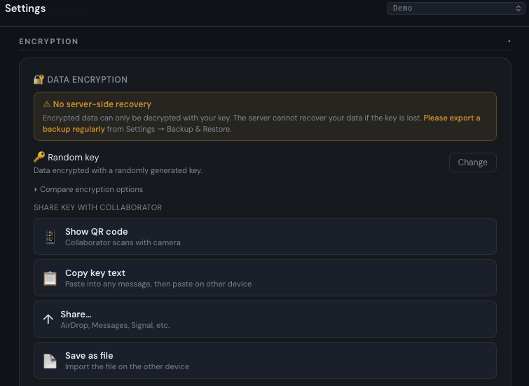 Ridgeline Budget encryption settings with random key and passphrase options